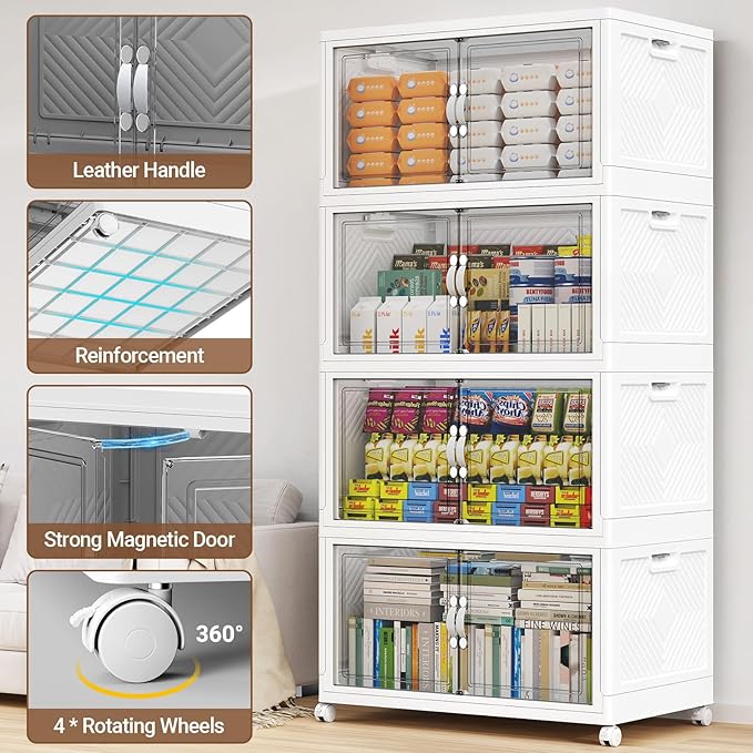 480QT Extra Large Stackable Storage Bins, 120Gal Clear Plastic Closet Organizer Cabinet with Lid and Wheels, Collapsible Latch Boxes Folding Drawer with Door for Home Kitchen, V20 3Pack White