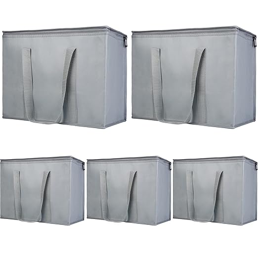 Bodaon 5-Pack Insulated Reusable Grocery Shopping Bags, X-Large Picnic Cooler Bag Zipper/Zippered Top Cold, Insulated Food/Pizza Delivery Bag, Grey