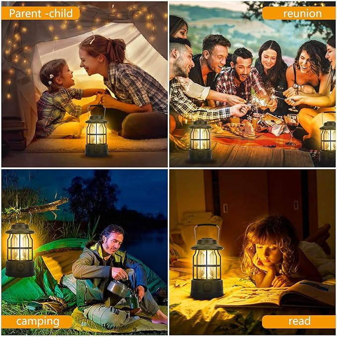 Camping Lantern Rechargeable USB Powered, Stepless Dimmer, Metal Retro Camping Light Waterproof Hanging LED Vintage Tent Lamp for Outdoor Hiking Fishing Emergency (Black)