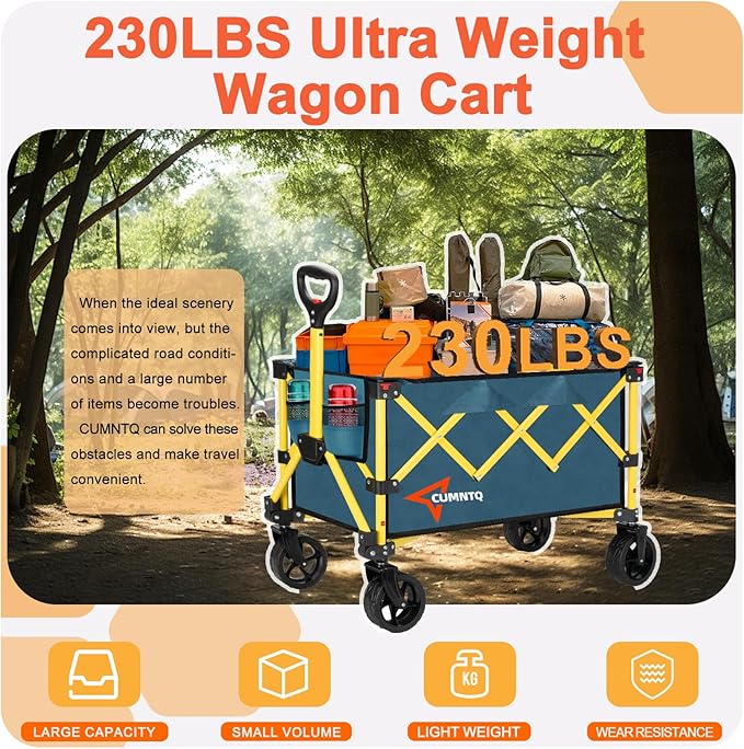 Collapsible Wagon Cart with Wheels, Heavy DutyFoldable Wagon Cart with 230lbs Weight Capacity, UtilityBeach Wagons Portable for Outdoor, Grocery, Camping,Shopping, Green