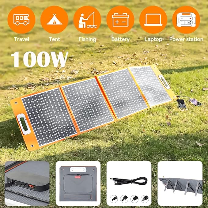 Flashfish 100W 18v Foldable Solar Panel, High-Efficiency Solar Charger with Dc Output & 65W USB.C QC3.0 Port for Portable Power Station, Camping, Travel & Outdoor