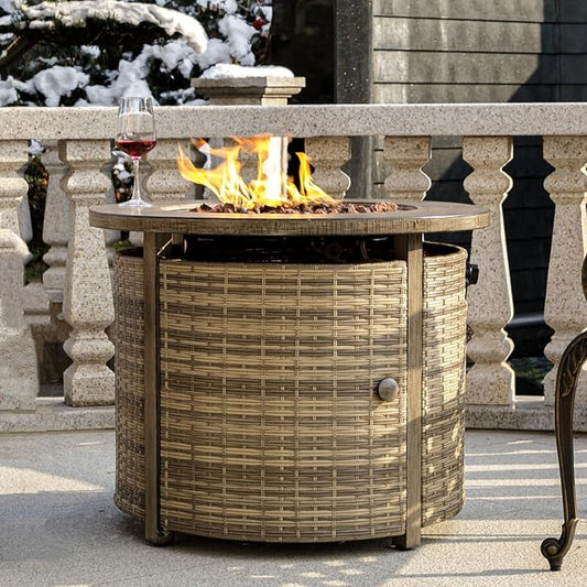 32 inch Propane Fire Pit Table,Wicker Gas Fire Pits Table with Lid & Lava Rocks, 50000 BTU Round Propane Firepit for Outside, Fire Table for Dining,Party, Patio,Yard