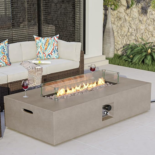 COSIEST Outdoor Propane Fire Pit Table, 56-inch x 28-inch Rectangle Gray Concrete-Like Finish, CSA Certified, 50,000 BTU Stainless Steel Burner w Transparent Gray Fire Glass, Wind Guard, Raincover
