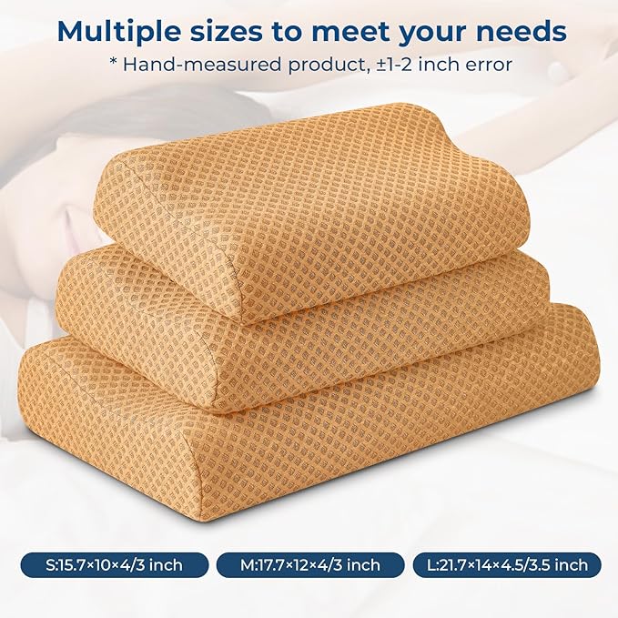 Travel Pillow Memory Foam Pillows, Ergonomic Wave Cervical Neck Pillow for Neck Pain Relief, Compressible Medium Firm Side Sleeper Pillow, Ideal for Camping, Office, Home & Bed (Orange, M)