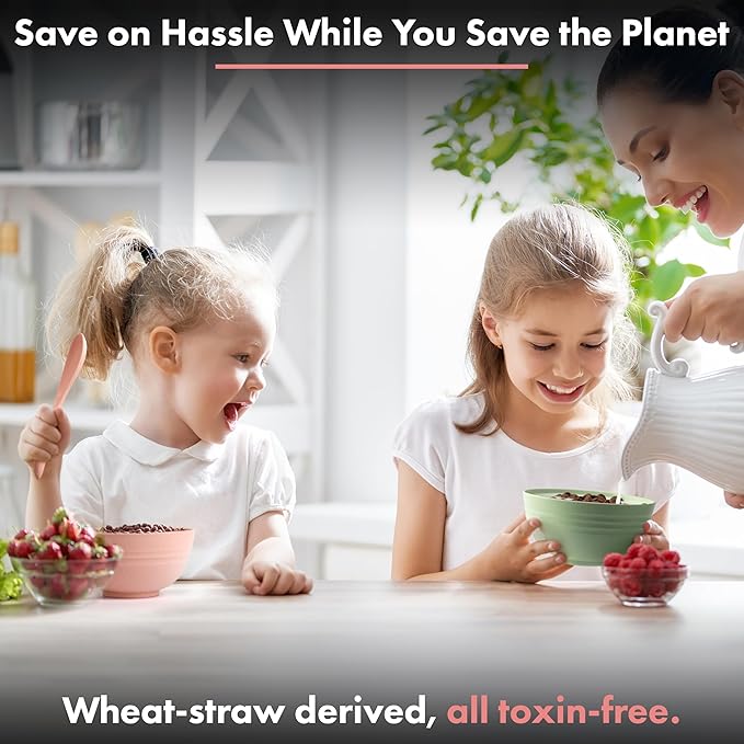 FOODLE Wheat Straw Dinnerware Set - BPA Free & Safety Tested - Dishwasher & Microwave Safe - Toddler & Kids Plates and Bowls Sets - Plastic Plates Reusable - Perfect for RV, Camping Dishes - For 4