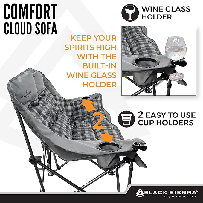 Black Sierra Double Camping Chair for Adults, Oversized Folding Loveseat Supports 600 lbs, Plush Padded Outdoor Couch with Cup Holders and Carry Bag for Beach, Patio, RV, or Tailgating Events