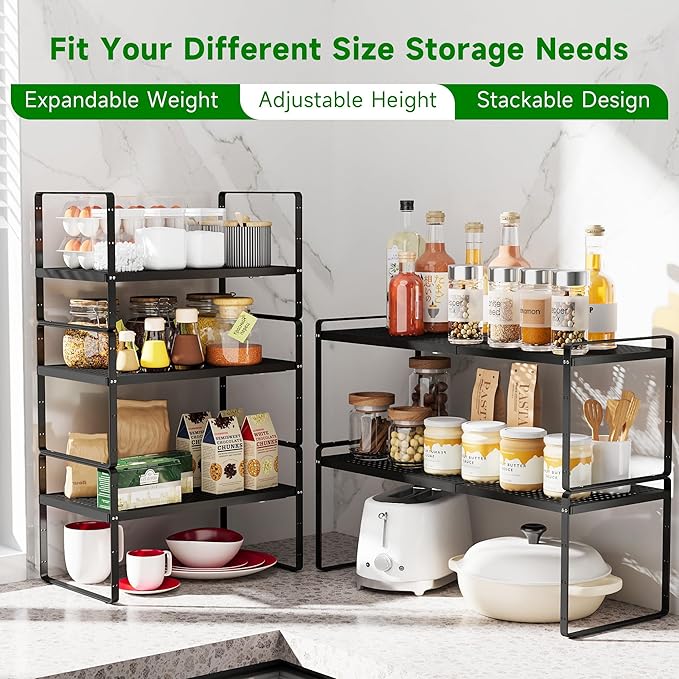 Expandable Kitchen Cabinet Shelf Organizer Rack Heavy Duty Metal Spice Rack Stackable Kitchen Counter Storage Shelf for Kitchen Cabinet Pantry Bathroom (Black - 16.5"-27" L x 10.2" W x 9.6" H - 1Pack)