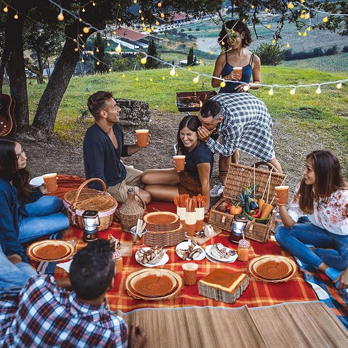 200 Pieces Camping Wood Grain Slice Party Supplies Set Paper Plate Cup Napkin for Camping Woodland Baby Shower Lumberjack Birthday Featuring a Round Wooden Slice Die Cut Edge Design Serve 25