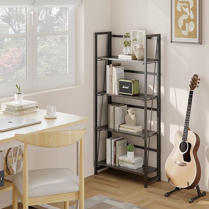 BHG Vintage Multifunctional Folding Bookshelf, No-Assembly Plant Stand Storage Rack Shelves for Home Office (Gray, 4-Tier)