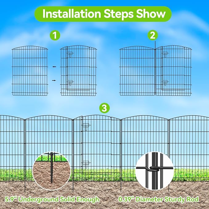 INJOPEXI Decorative Garden Fence 12 Panels 26ft (L)×36in (H) Garden Fences with 11 Panels + 1 Gate, No Dig Animal Barrier Rabbit Fencing Rustproof Metal Wire Temporary Dog Fence for Patio Outdoor Yard