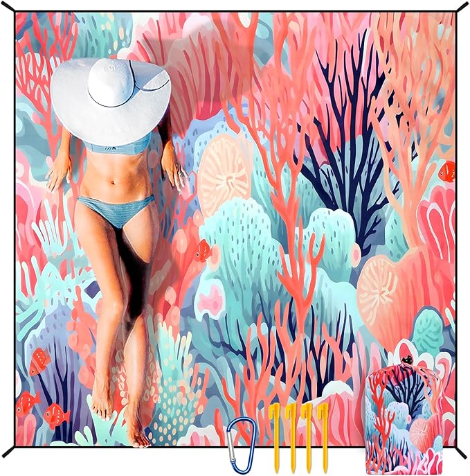 Beach Blanket Waterproof Sandproof Extra Large Beach Mat 79" X 83"/120"x108"for 1-8 Adults Quick Drying Durable Outdoor Picnic Mat for Beach Travel Camping Hiking