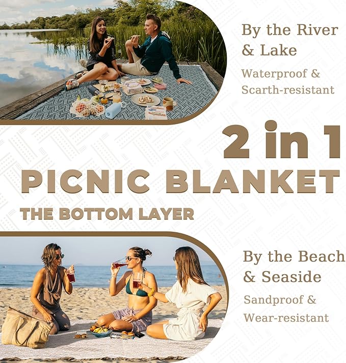 2 in 1 Extra Large 80"* 80" Rug Picnic Waterproof Outdoor Beach Blanket Foldable Camping Mat Car Travel Necessities Mountaineering Essentials Camper Accessories Backpacking Gear Trip Supplies