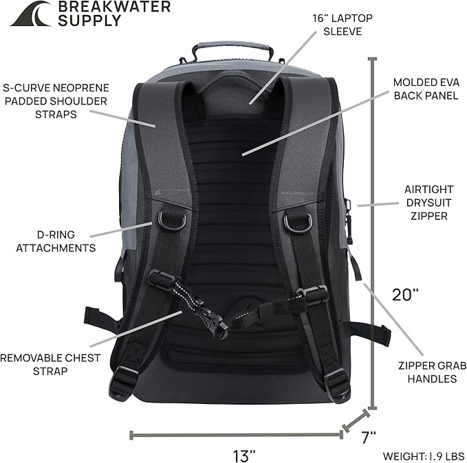 Breakwater Supply™ Waterproof IP68 Submersible Backpack with Airtight Zippers | Laptop Travel Outdoors | Fogland 25L 20L 15L