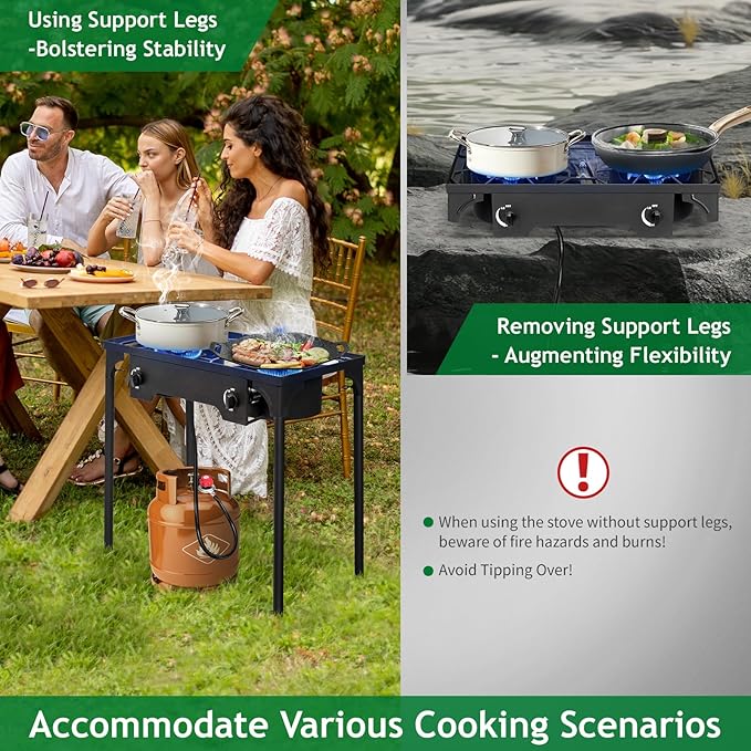Outvita 2 Burner Propane Gas Stove for Outdoor Cooking, 150,000 BTU Camping Cooker with Removable Legs, Temperature Control Knobs for Backyard Cooking, BBQ, Baking and Frying