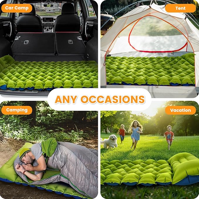 Camping Sleeping Pad, 4in Thick Ultralight Inflatable Camping Mat with Pillow, Built-in Foot Pump Sleeping Mat, Wide Compact Camping Pad for Travel Tent Hiking Backpacking Trip Car Camp Gear