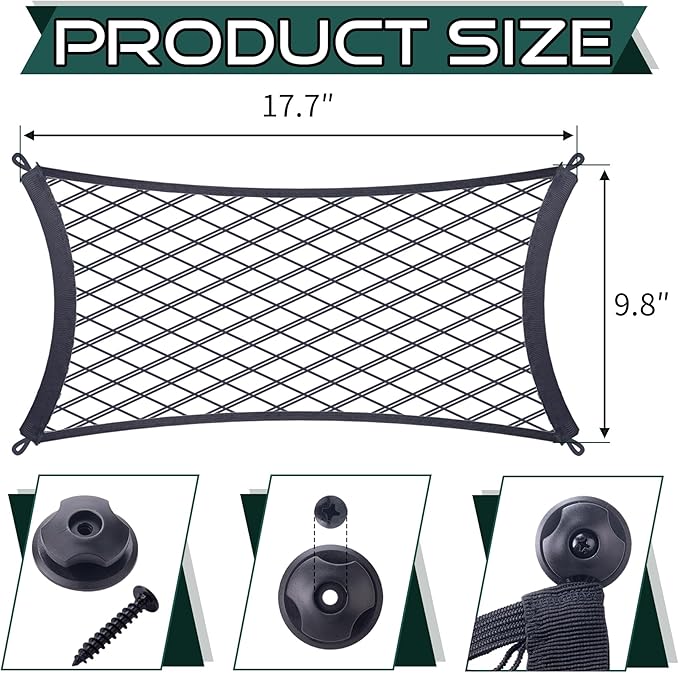 JINGKE 2 Pcs Small Cargo Net Pocket Elastic Mesh Netting Car Mesh Pouch with Screws and Hooks for Trunk RV Boats Home Cargo Storage (17.7'' x 9.8'')