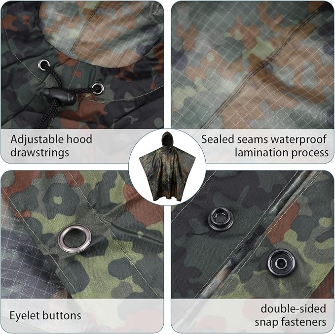 GRVCN Military Rain Poncho, Camouflage Raincoat Outdoor Waterproof Lightweight
