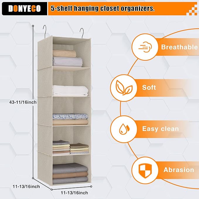 Hanging Closet Organizer, Easy Mount Foldable 5-Shelf Hanging Closet Wardrobe Storage Shelves, Clothes Handbag Shoes Accessories Storage, Imitation Linen Fabric, Beige Houndstooth