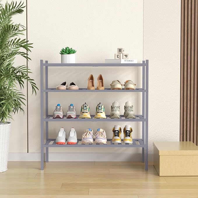 4 Tier Bamboo Shoe Rack for Closet Free Standing Wood Shoe Shelf for Entryway Small Space Stackable 27"x11"x26" (Grey)