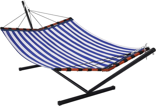 TegerDeger 12FT 2 Person Hammock with Stand Included 55 x 79IN Large Hammock Quick Dry 450LB Capacity with V Shaped Hardwood Spreader Bar & Nylon Rope for Outside, Patio, Garden - Tender Blue Stripes