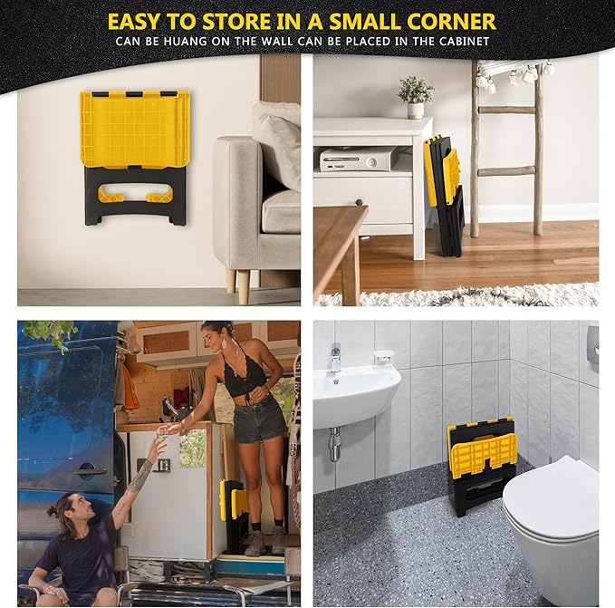 Folding 2-Step Stool, Non-Slip Portable Footstool 8" & 17" Dual Heights, Holds 250 lbs, Portable Footstool for Kitchen Home Toilet Bedroom Office Bathroom RV(Yellow)