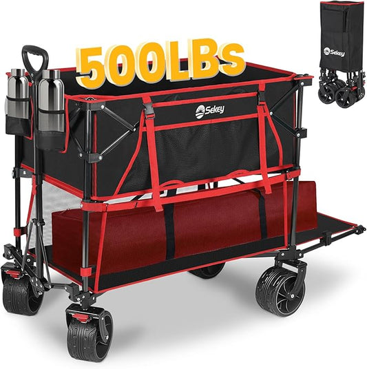 400L Large Capacity Folding Double Decker Wagon with Brakes, 50" Extra Long Extender Cart, 500lbs Heavy Duty Collapsible Wagons, All-Terrain Big Wheels for Camping, Sports, Shopping. Red&Black