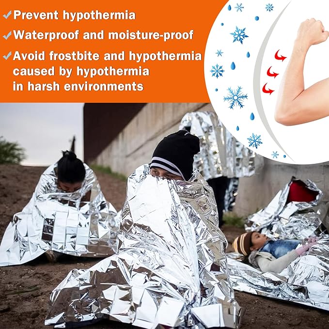 24 Pack Emergency Mylar Blankets, Survival Thermal Blanket for Rescue, First Aid Silver Foil Blanket Bulk, Safety Winter Heat Reflective Aluminum Blankets for Hiking, Camping, Marathons Outdoor