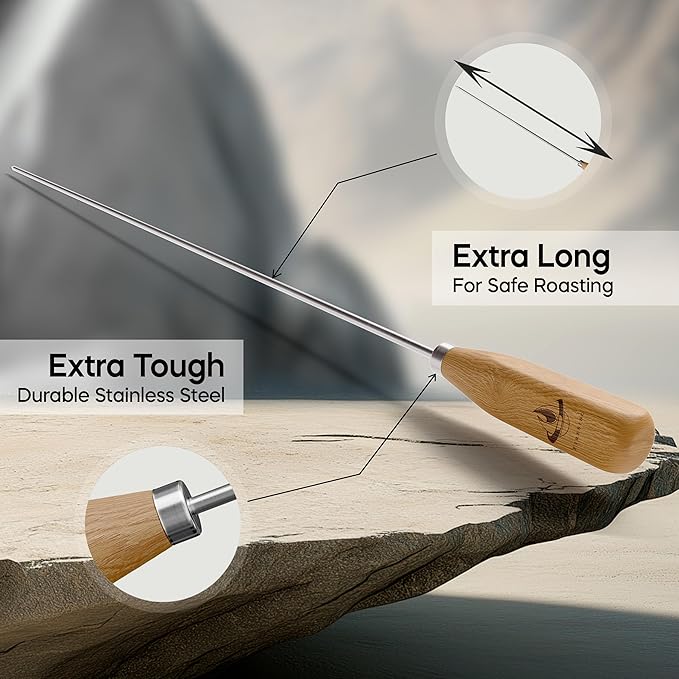 Marshmallow Sticks for Fire Pit - 34" Extra Long Roasting Smores Stick - Campfire Metal Skewers Roast Hot Dog Corn BBQ Utensil Holder Kit Outdoor Camping Accessories with Wooden Handle (10-Pack)