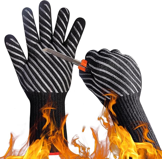 HandLove BBQ Gloves, Oven Gloves with Fingers –1472℉ Heat Resistant Gloves for Grilling | Aramid Retardant Non-Slip Grip, Long Cuff Mitts, Black,M