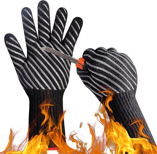 HandLove BBQ Gloves, Oven Gloves with Fingers –1472℉ Heat Resistant Gloves for Grilling | Aramid Retardant Non-Slip Grip, Long Cuff Mitts, Black,M