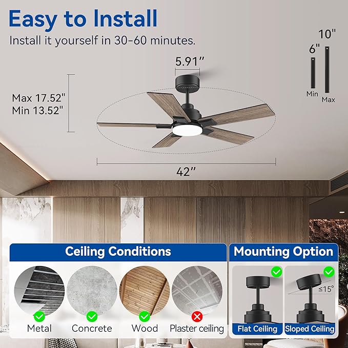 42Inch Smart Ceiling Fan with Lights Remote,APP&Voice Alexa WIFI Controled,Quiet Reversible DC Motor,Dimmable LED,Indoor Outdoor,Small Modern Ceiling Fan,for Bedroom Patio Porch,Black&Walnut