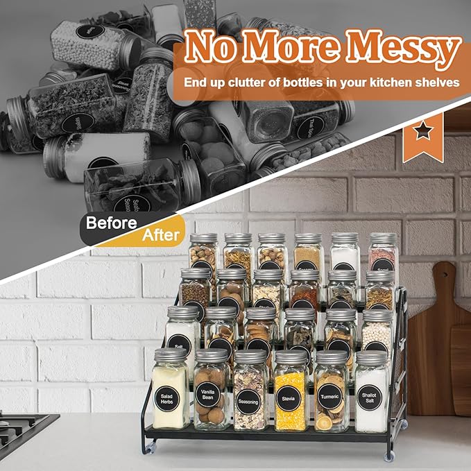 4 Tier Spice Rack Organizer for Cabinet, Step Adjustable Spice Shelf Seasoning Organizer with Non Slip Tiers, Expandable Metal Spice Rack for Kitchen Countertop, Pantry, Cupboard – Black