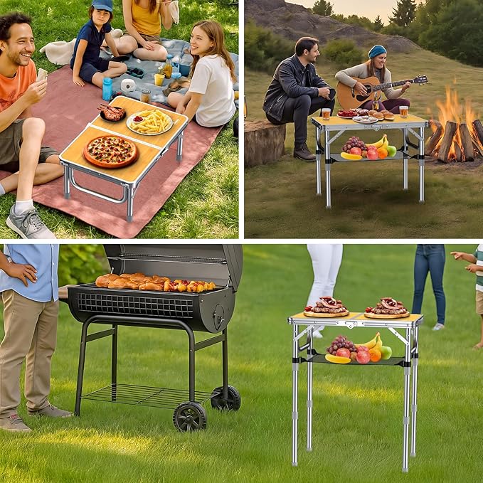 2ft Camping Table Foldable, 3 Adjustable Heights High 27.5" Aluminum Small Folding Table with Carrying Handle, Portable, for Outdoor Indoor Picnic Beach BBQ Party Travel, 24" x 16", Yellow