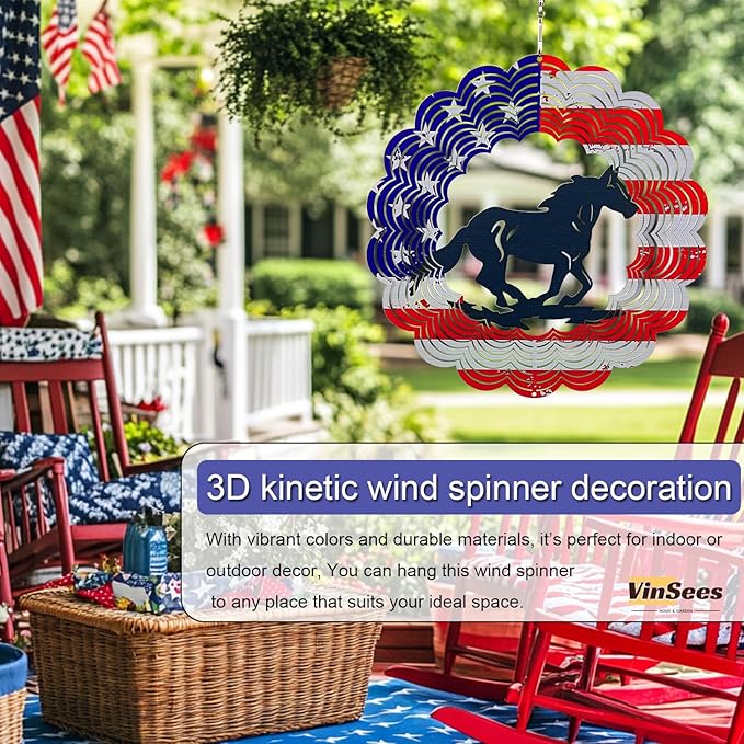 3D Patriotic Horse Wind Spinner Decor - 12 Inch Metal Garden Art, Rust-Proof Outdoor Hanging Decorations, Patriotic American Flag Design, for Horse Lovers(Horse)