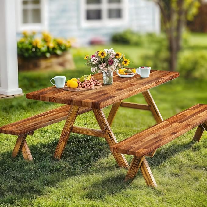 JAWO Picnic Table Covers with Bench Covers Wooden Pattern Camping Tablecloth 6FT for 6 Person Fitted Picnic Table Cover with Elastic Windproof Waterproof Fabric, Camping Accessories Patio & Outdoor