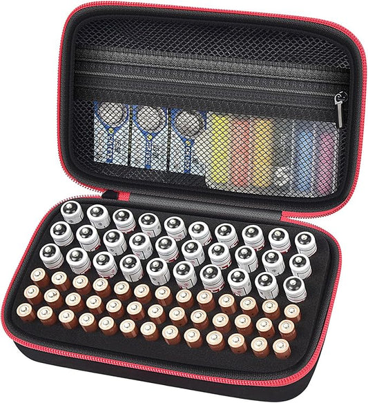 Battery Organizer Storage Holder Case Box for 69+ Batteries AA AAA C Cell 9V 3V Lithium - No Tester Included (Red)