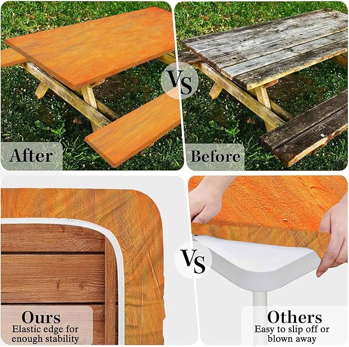 CAPSCEOLL Elastic Picnic Table Cover with Bench Covers 5Ft Waterproof Fitted Picnic Table Cover Cloths for Outdoors Camping Tablecloth with Drawstring Bag, 60X30in, Burnt Orange