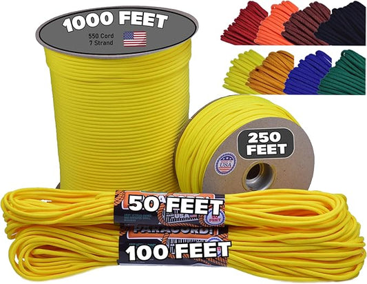 BORED? PARACORD! 550 lb Paracord - Ideal for Crafting, Camping, DIY Projects, Active & Military Outdoors - Strong Survival Rope - Tactical Parachute Cord Type III - Yellow 50 Feet