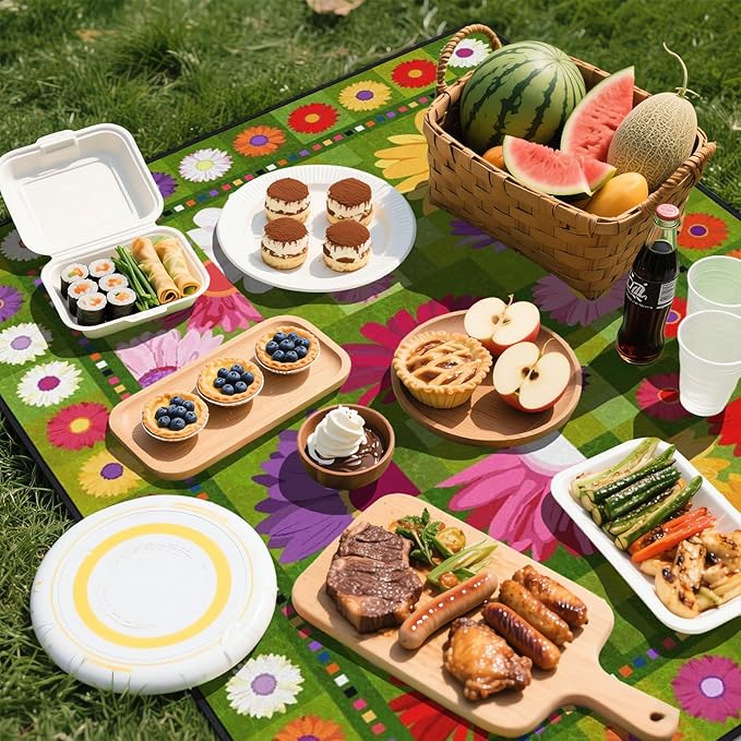 Extra Large Picnic Outdoor Blanket 80''x80'' Green Flower Waterproof and Sandproof Picnic Mat for Beach Foldable Camping Accessories for Grass Lawn Park