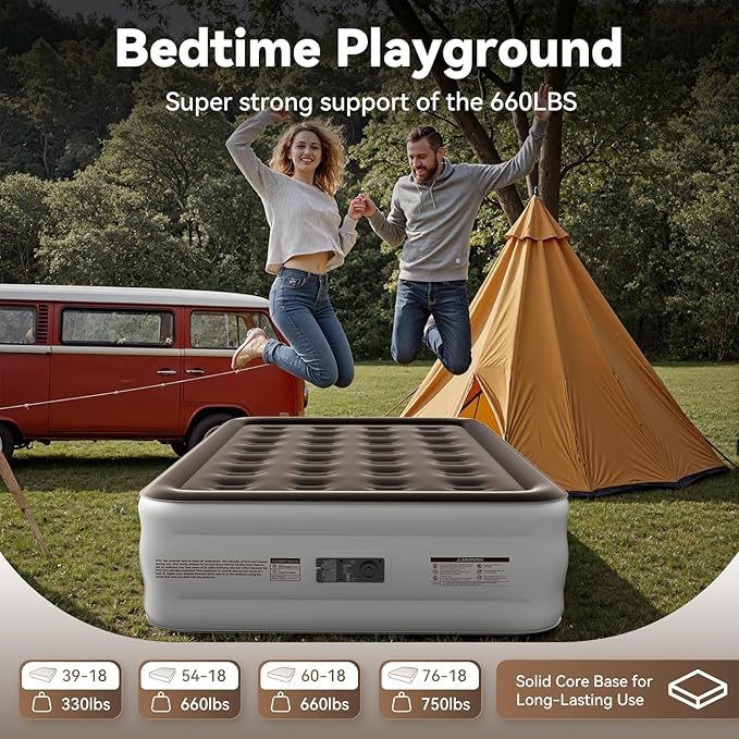 DIVON Full Air Mattress with Built in Pump Raised, 2 Min Self Inflatable Mattress, 18’’ Blow up Mattress for Adults, 660 LBS Portable Air Bed for Guest, Camping, Travel & Floor, Brown
