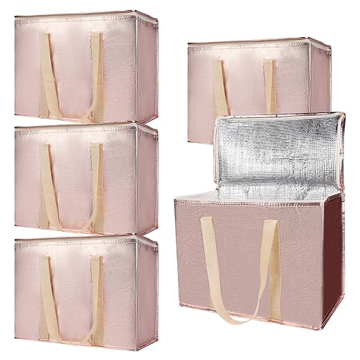 Bodaon 5-Pack Cooler Insulated Food Delivery Bag, Thermal Hot Pizza，X-Large Bags With Top Zippered for Grocery/DoorDash/Catering/Shopping, Large Cold and Frozen Door Dash Accessories, XL Tote, Gold