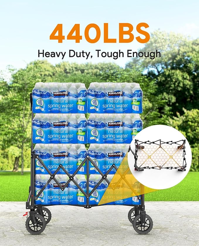 Collapsible Foldable Wagons, 440lbs Capacity Wagons Carts Foldable with All-Terrain Wheels, Heavy Duty Foldable Wagon, Utility Wagon Carts with Brakes for Camping, Sports, Shopping, Beach, Black
