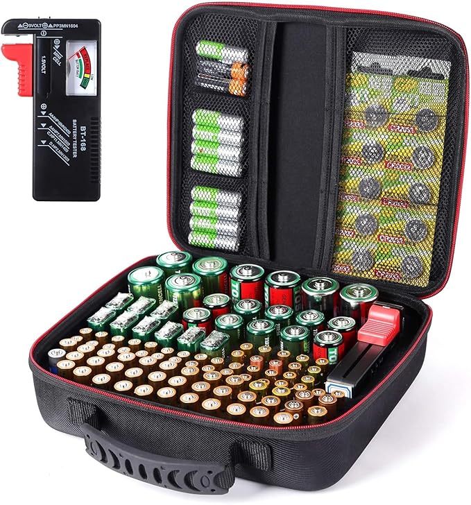 Battery Organizer Storage Case Box with Tester BT168 -for All Types Batteries Container, Fireproof & Waterproof Battery Keeper Caddy for Home Drawer, Small Cases Holder for AA AAA C D 9V (Holds 104＋)
