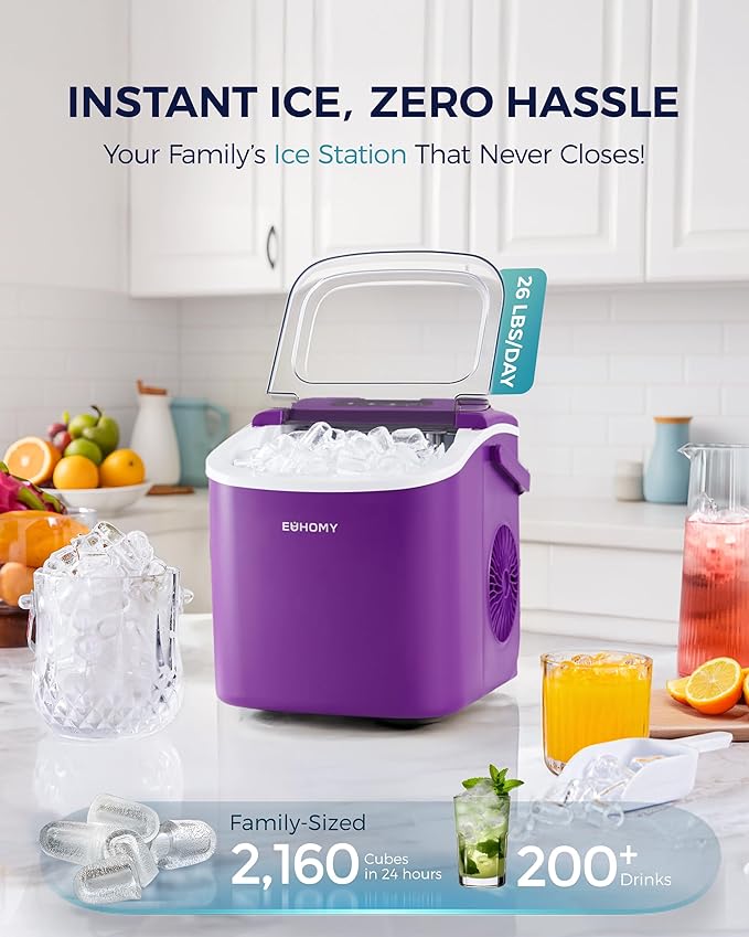 EUHOMY Countertop Ice Maker Machine with Handle, 26lbs Per Day, 9 Ice Cubes Ready in 6 Mins, Auto-Cleaning Portable Ice Maker with Basket and Scoop, for Home/Kitchen/Camping/RV (Purple)