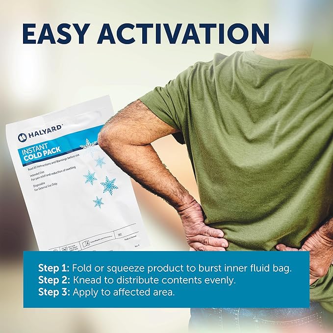 HALYARD Instant Cold Pack Disposable Cold Compress Ice Packs w/Flocking for Swelling Injuries Toothaches Sprains Strains 6 X 6.5 Inches, 24 Packs Per Case - 51778