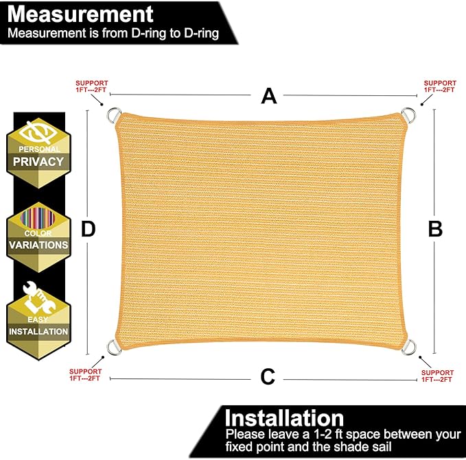 10' x 17' Yellow Outdoor Sun Shade Sail Canopy ??UV Resistant Permeable Awning Fabric for Patio, Garden, Backyard, Pergola, Carport, Lawn Shelter Cover