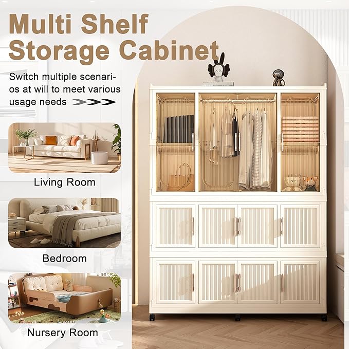 Collapsible Expandable Wardrobe Closet, Multi-Function Plastic Wardrobe,Wardrobes Storage Cabinet (12 Cubes+1 Hanging Rod)