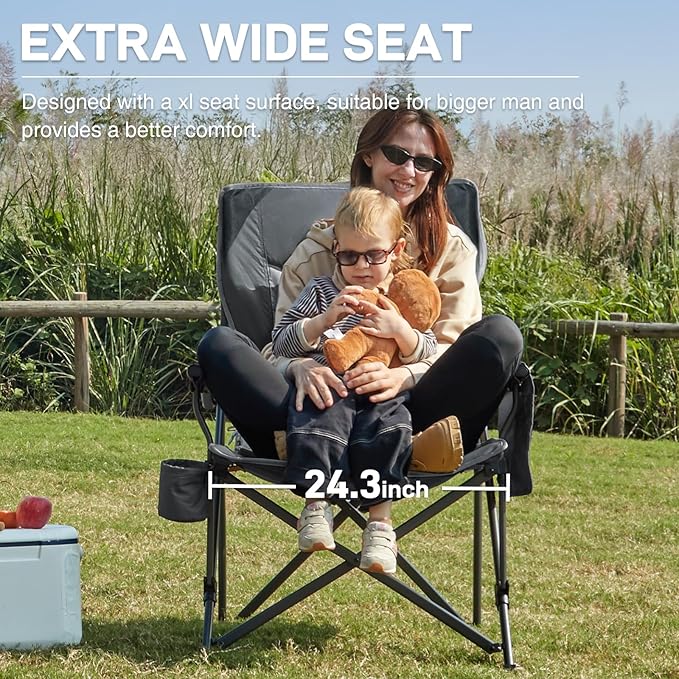 EVER ADVANCED Oversized Folding Camping Chair for Adults, Heavy Duty Lawn Chair with Side Pockets, Portable Collapsible Quad Chair for Outside, Support Up to 500lbs
