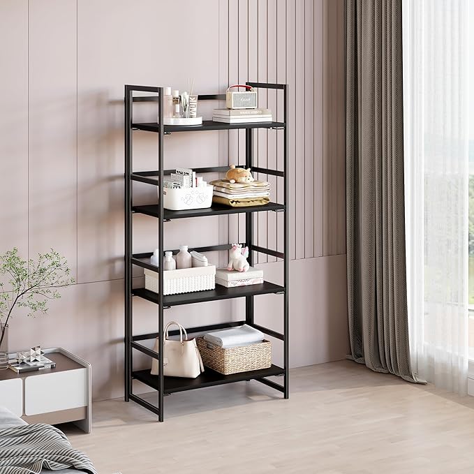 BHG Vintage Multifunctional Folding Bookshelf, No-Assembly Plant Stand Storage Rack Shelves for Home Office (All Black, 4-Tier)