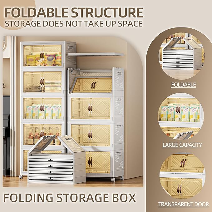 424 QT / 106 Gal Magnetic Door Storage Bins Collapsible Stackable w/1 Lid, Heavy Duty Plastic Cabinet with Wheels for Home Office Organization (White)